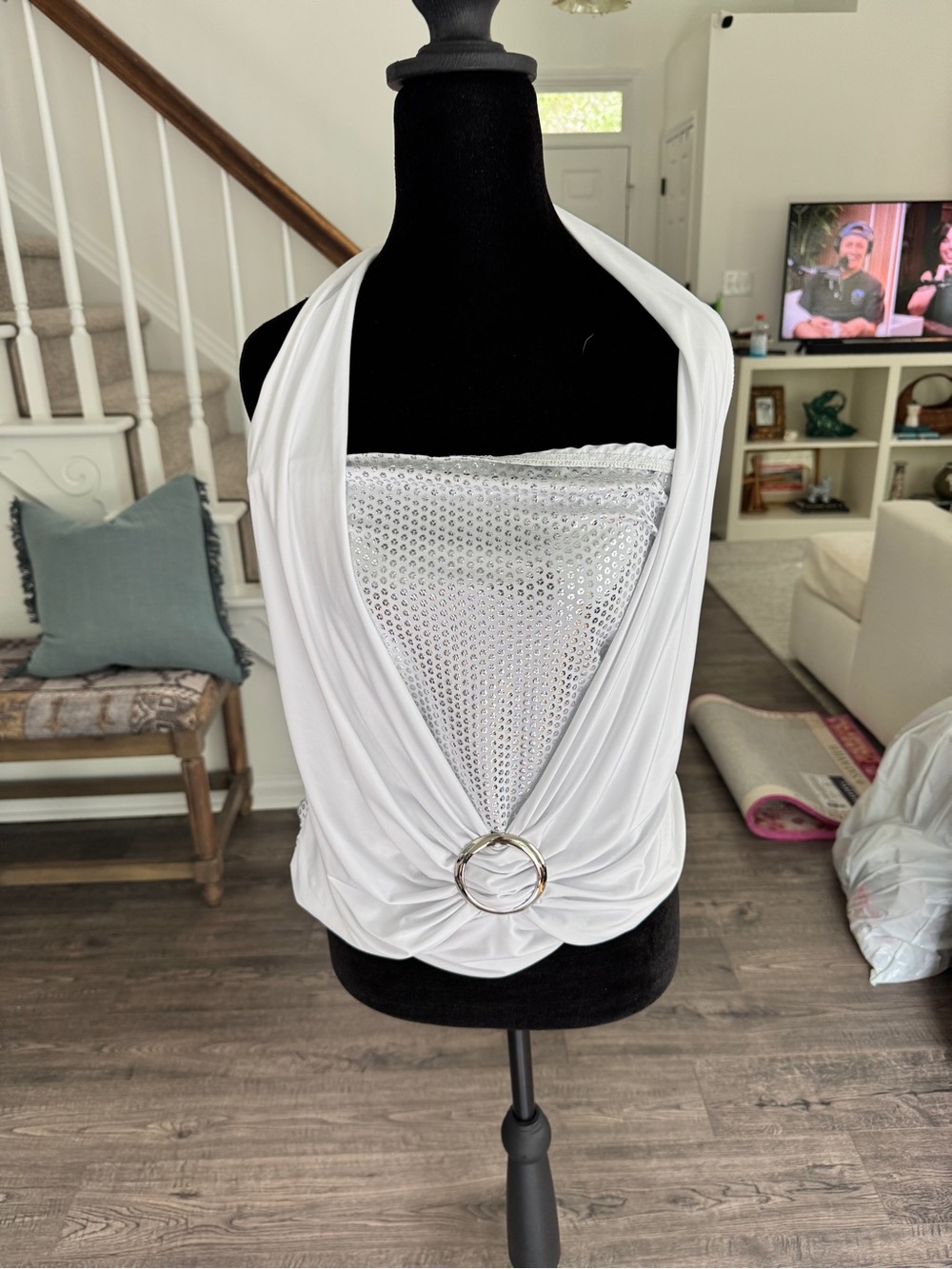 Topia White Halter Tank with Silver Sequin Inset and Ring Detail